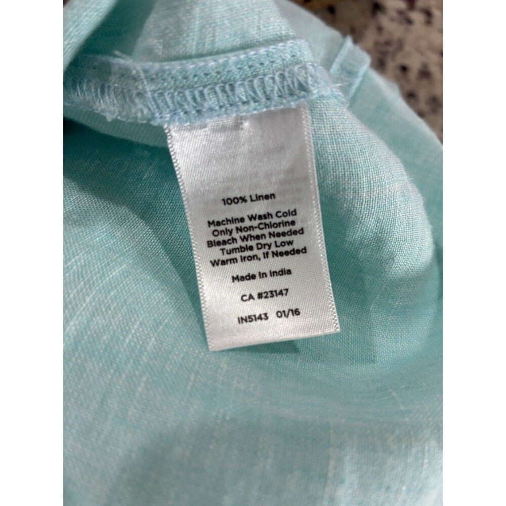 Talbots Linen Shirt Blouse Roll Tab Sleeve Button Up Pockets Aqua Collarless L - Picture 8 of 8
